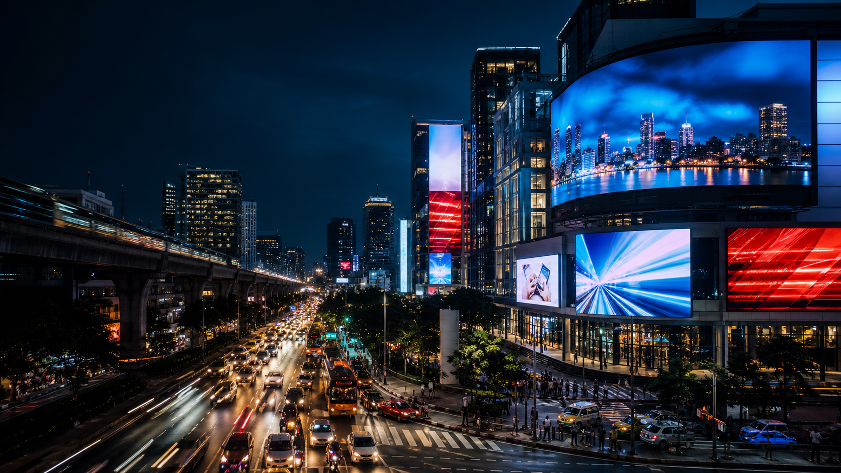 Bangkok street at night with digital billboards and outdoor LED signage